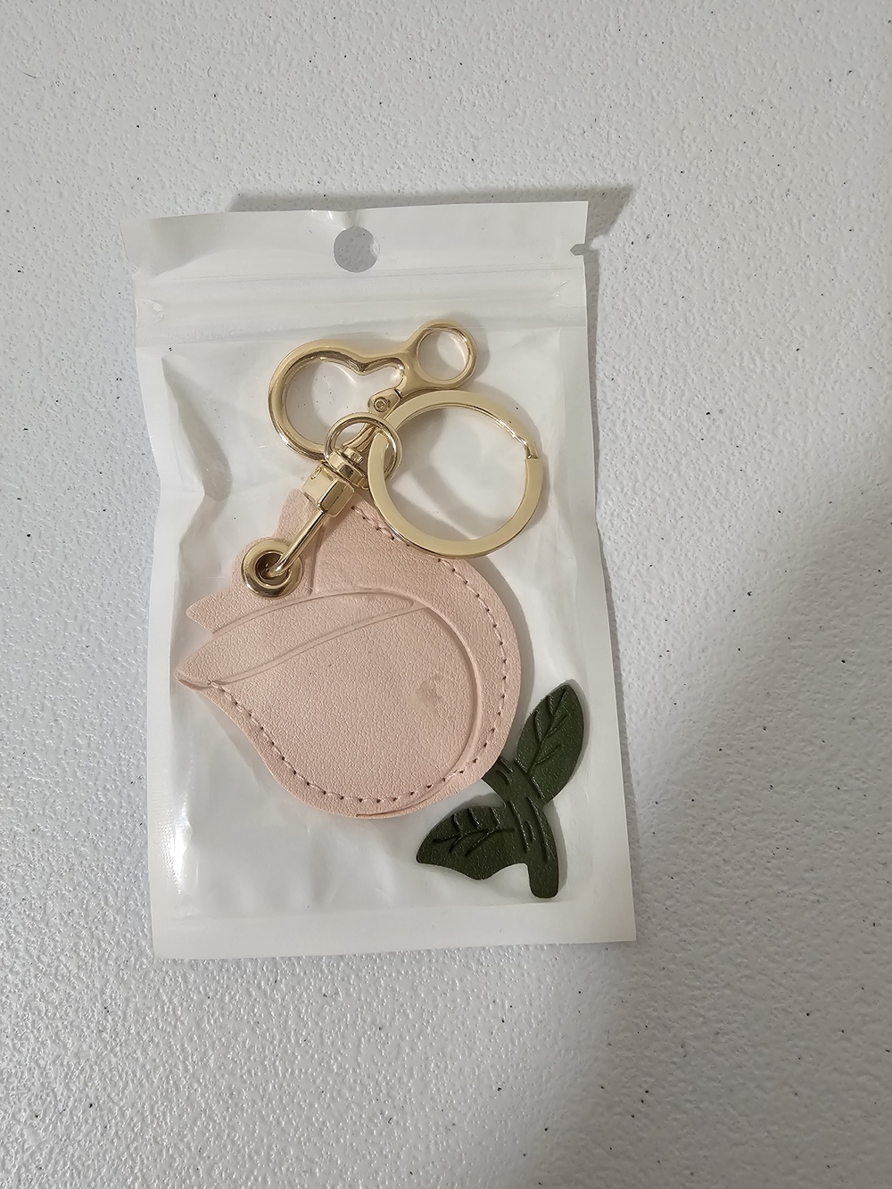 Pink Solid Faux Leather AirTag Key Chain w/ Gold Tone Metal Key Ring